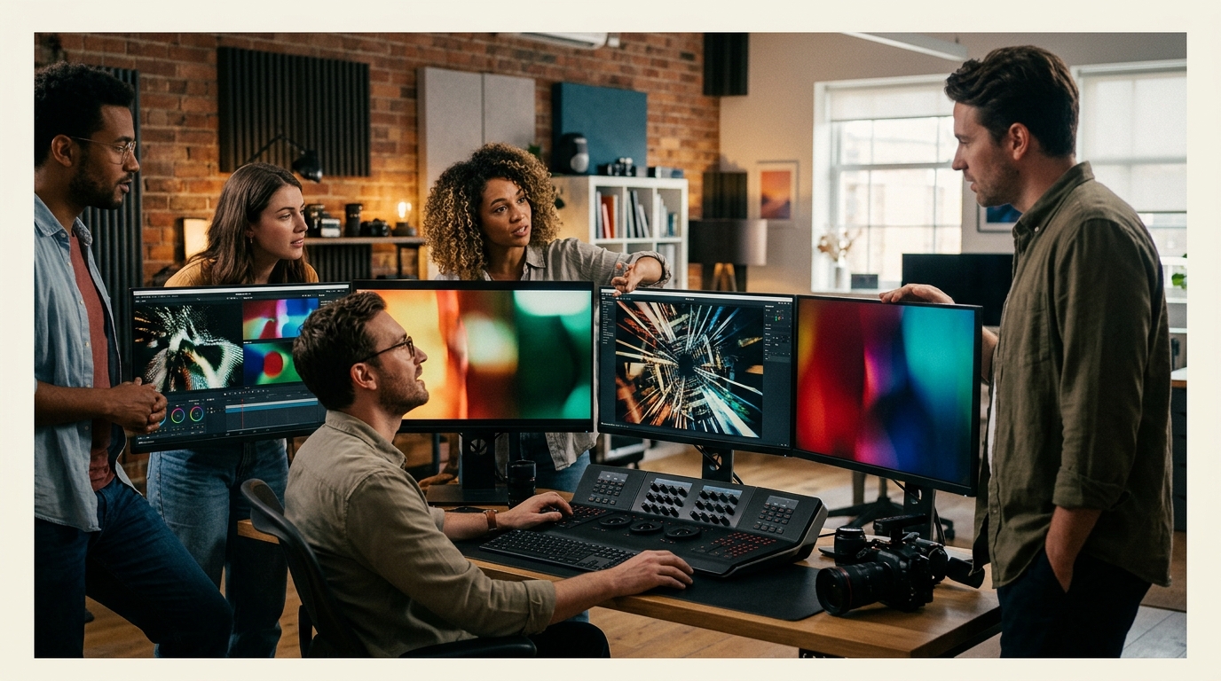 promotional video production services - video production team at professional editing suite