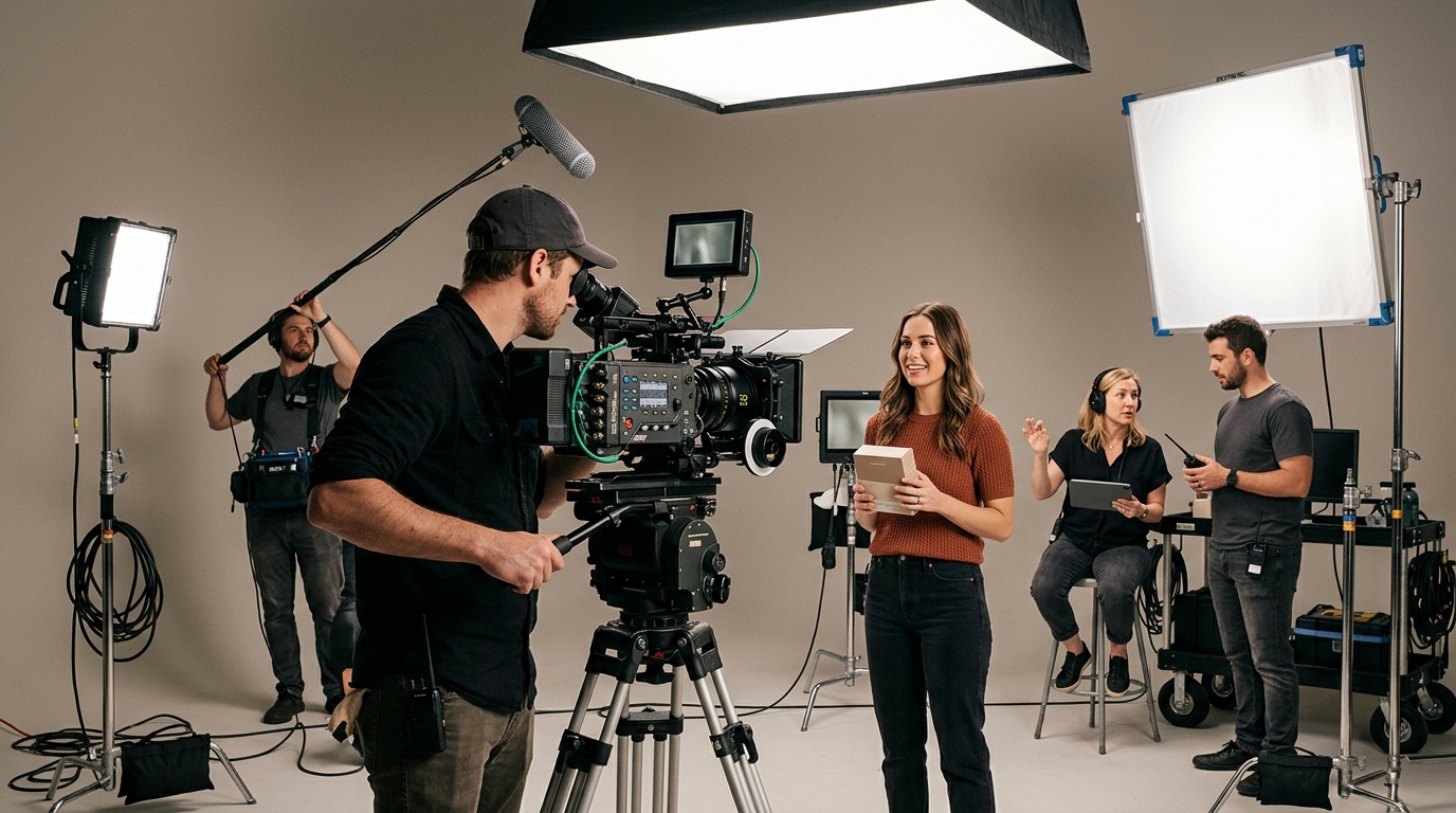 promotional video production services - professional videographer operating cinema camera on commercial shoot