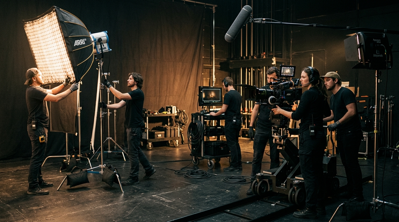 brand video production crew setting up cinema lighting equipment in professional studio