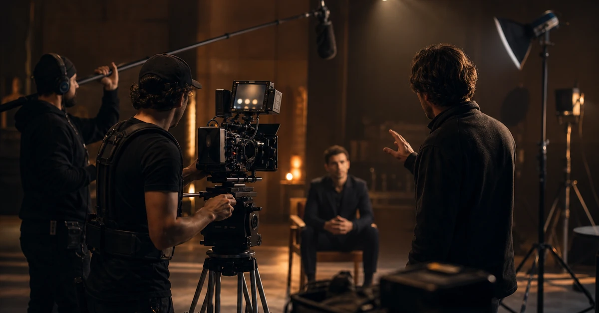 corporate video production company - professional film crew on cinematic set