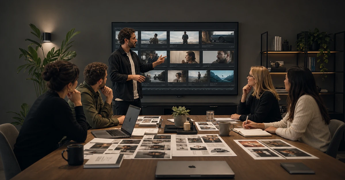 promotional video production company creative director presenting storyboard to marketing team