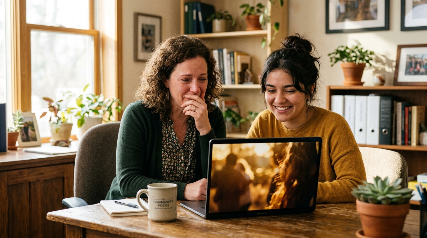 nonprofit staff reviewing video production for nonprofits with Pretzel Logic Productions