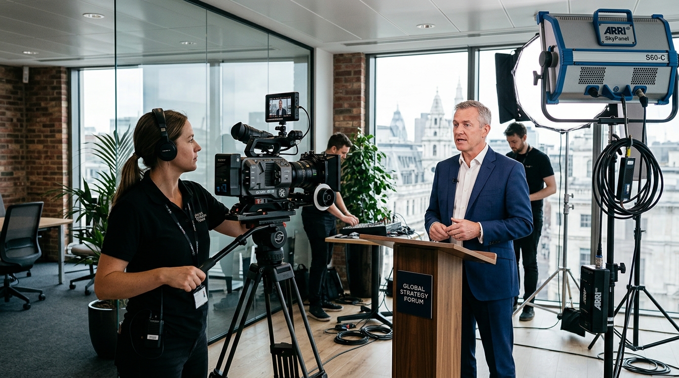 corporate video production camera operator filming business executive in professional office setting
