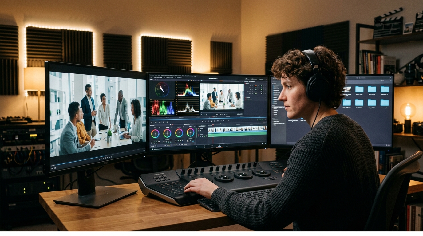corporate video production post-production editor reviewing footage at professional workstation