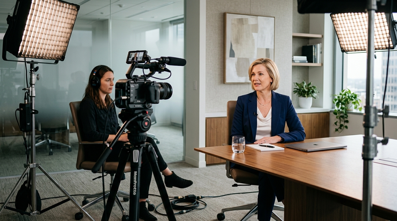 corporate video production company filming a business executive on a professional set with studio lighting