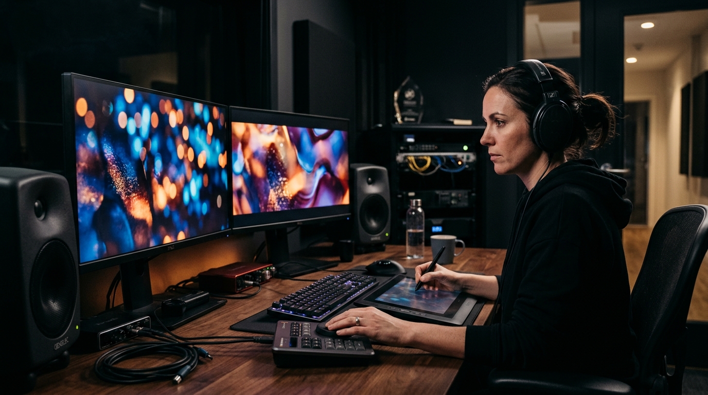 corporate video production company post-production editor reviewing color-graded cinematic footage in professional editing suite