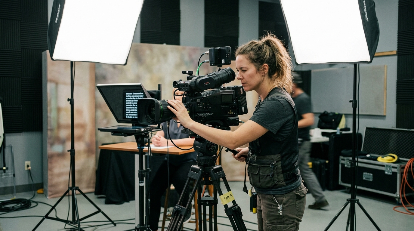 Cinematographer adjusting a broadcast camera on a TV commercial production set — professional crew, professional results