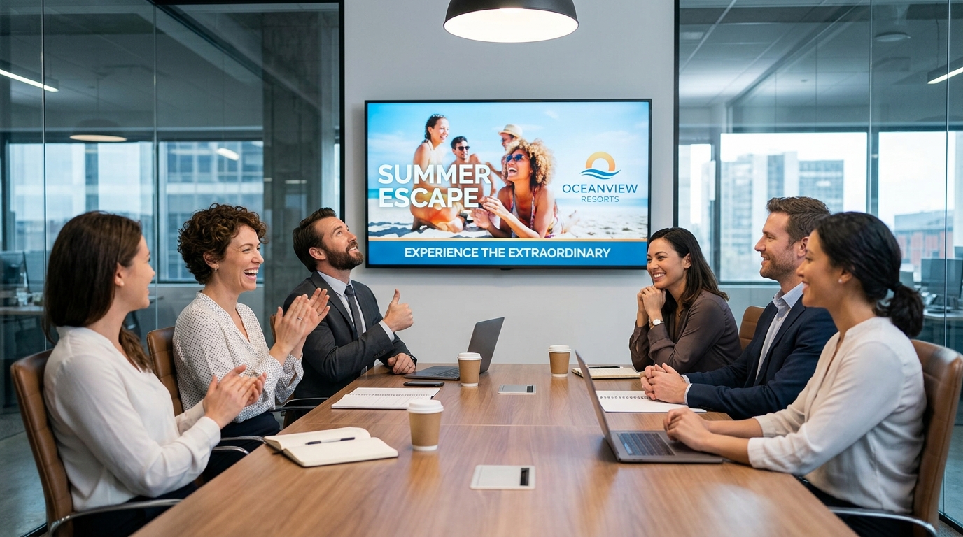 Brand marketing team watching TV commercial production playback in a conference room — measuring the impact of professional broadcast advertising