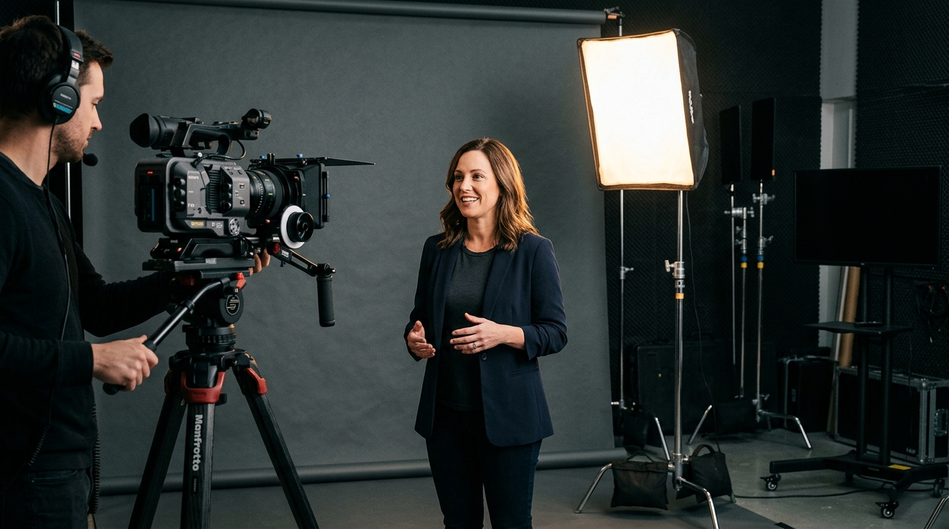 video production for small business — professional camera operator filming a small business owner on a production set