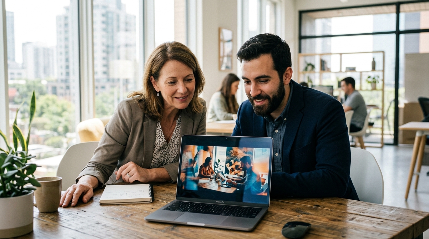 small business owners watching video production results on a laptop in a modern office