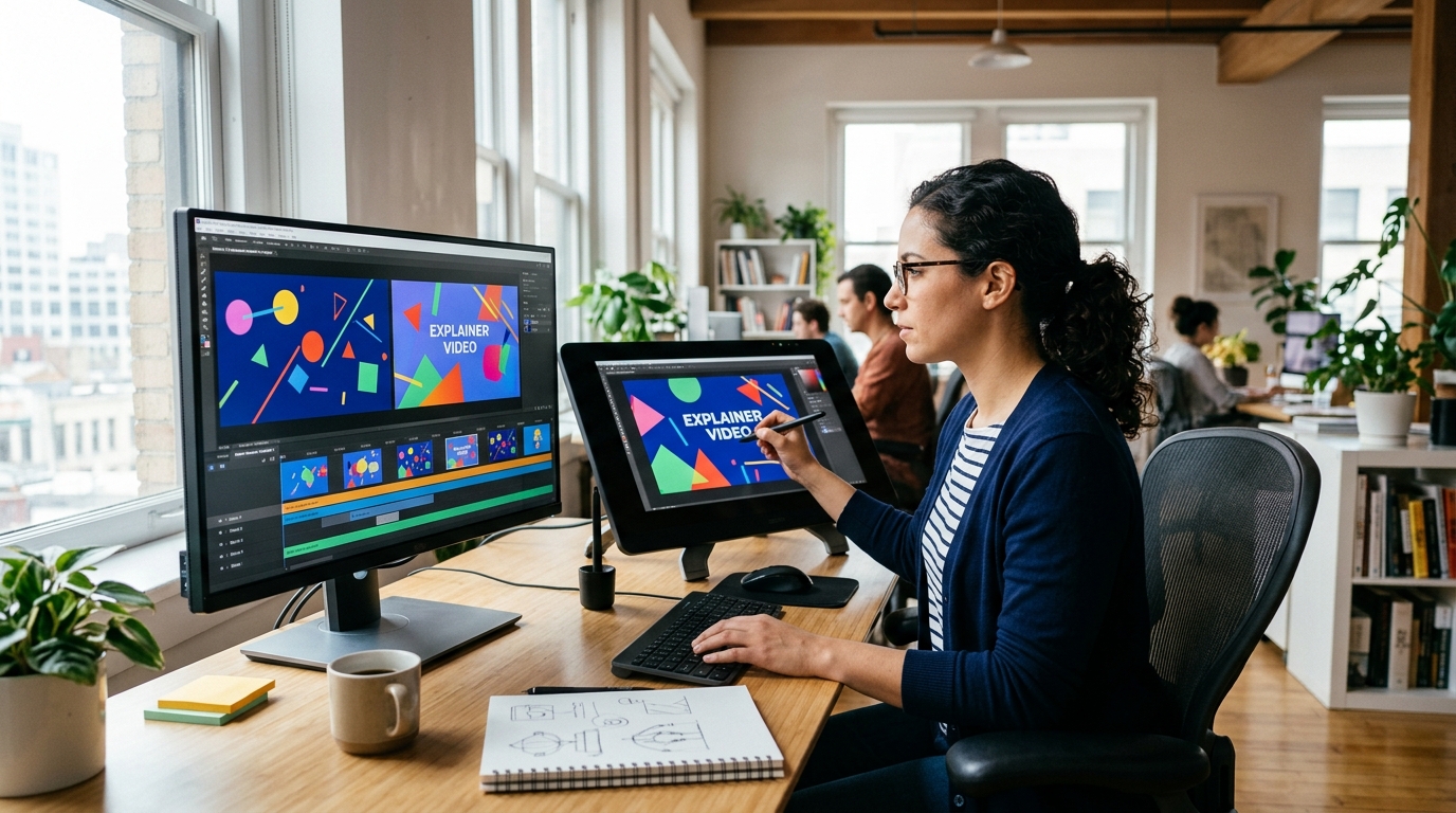 animation video production company professional animator at workstation creating 2D animated content Pretzel Logic Productions