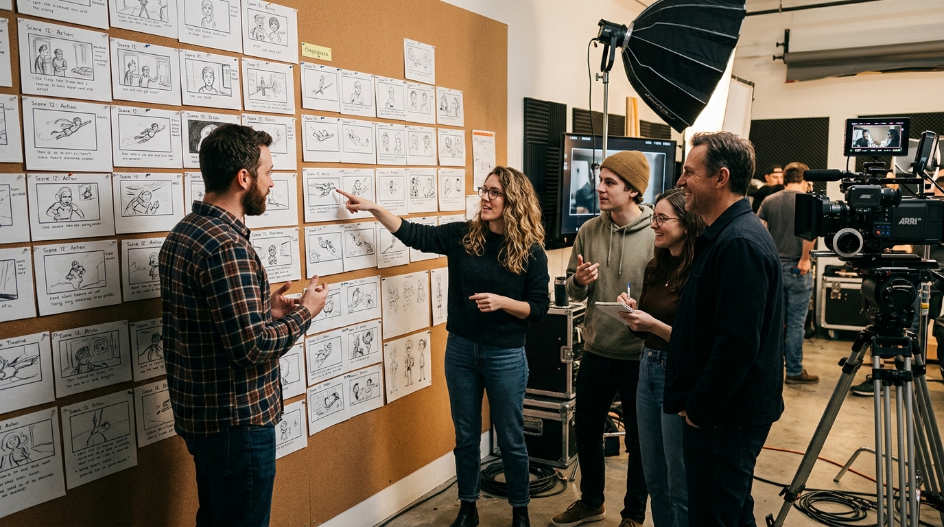 animation video production company creative team reviewing storyboards in professional video production studio Pretzel Logic Productions