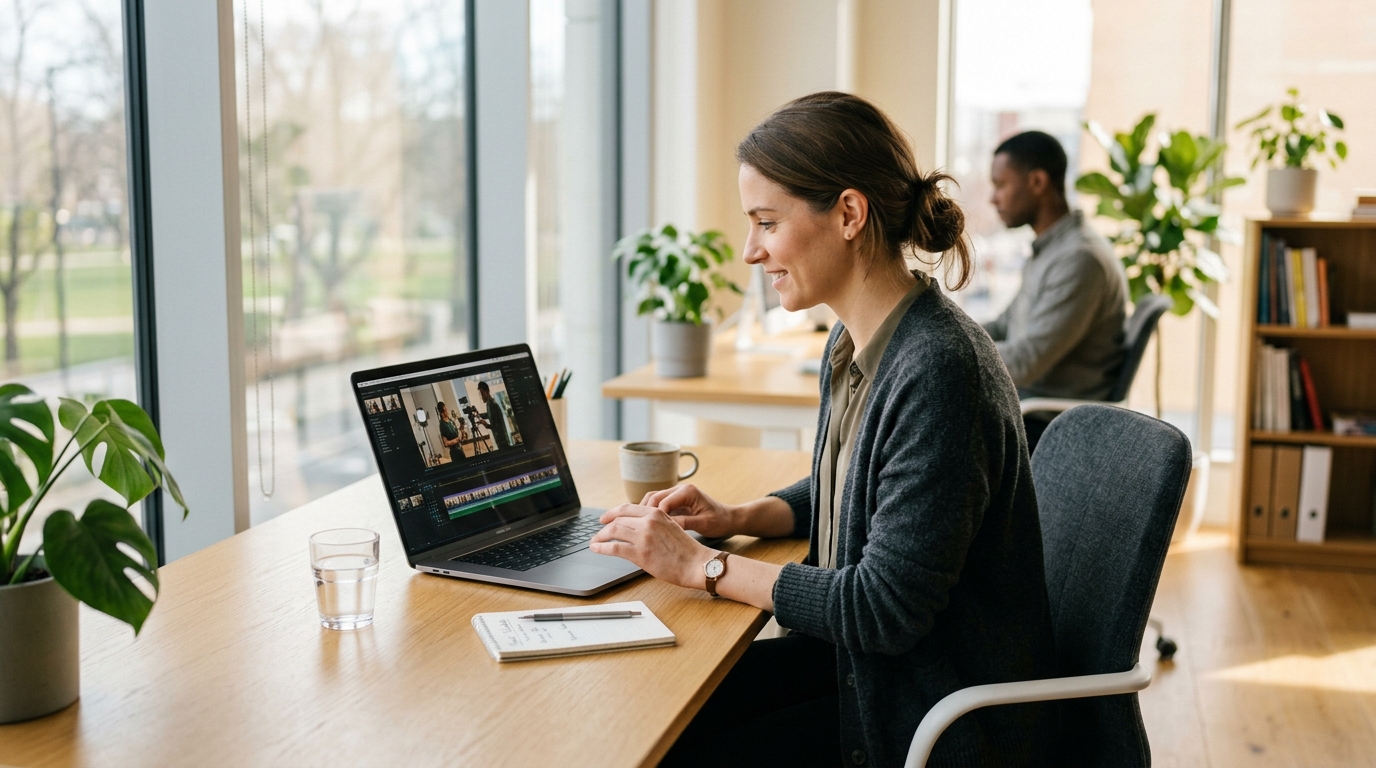 Small business owner reviewing video production for small business results on laptop — Pretzel Logic Productions