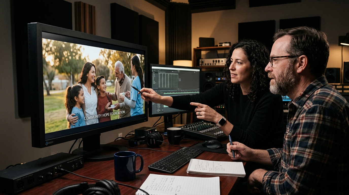 nonprofit video production company post-production team reviewing mission-driven nonprofit film footage at Pretzel Logic Productions