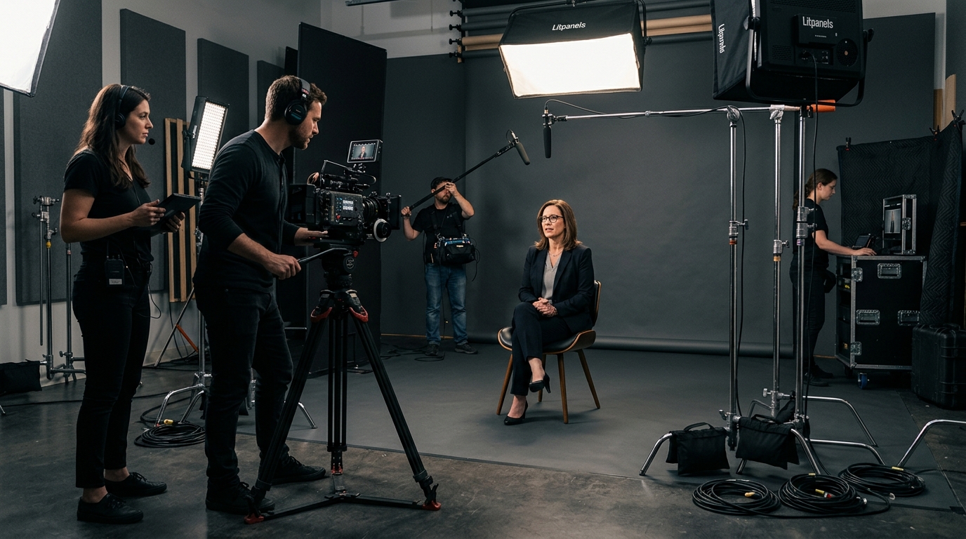 corporate video production company filming crew on professional set Pretzel Logic Productions