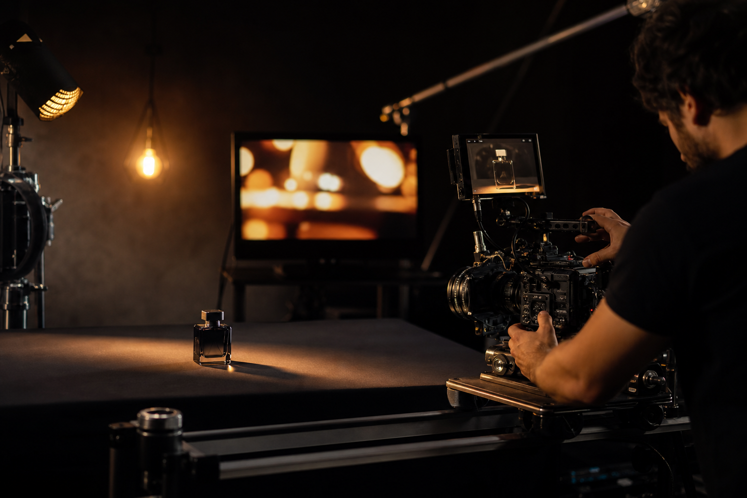 product video production company cinematographer filming product shoot in professional studio – Pretzel Logic Productions