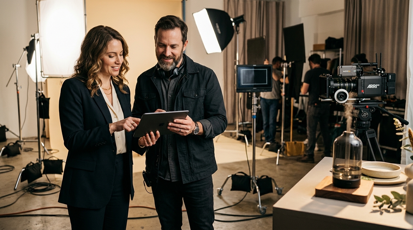 product video production company director and client reviewing shot list on set