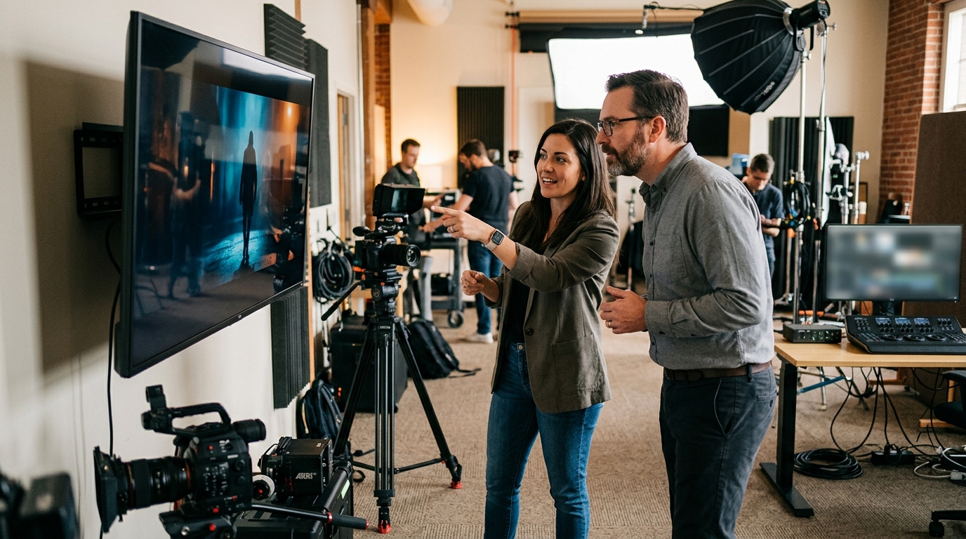 product video production company team reviewing footage in a professional studio