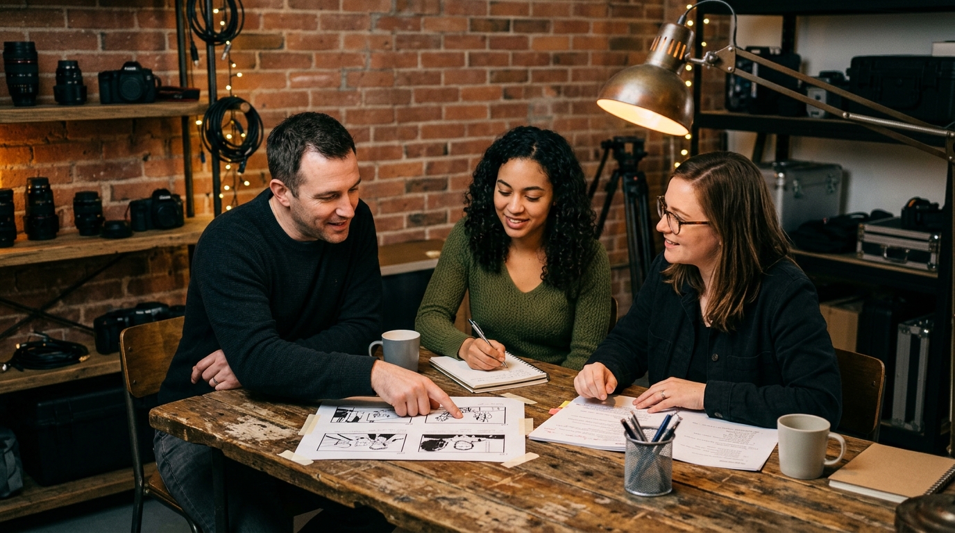 Creative team reviewing storyboards during pre-production planning — how much does video production cost depends heavily on planning and preparation before any cameras roll, Pretzel Logic Productions