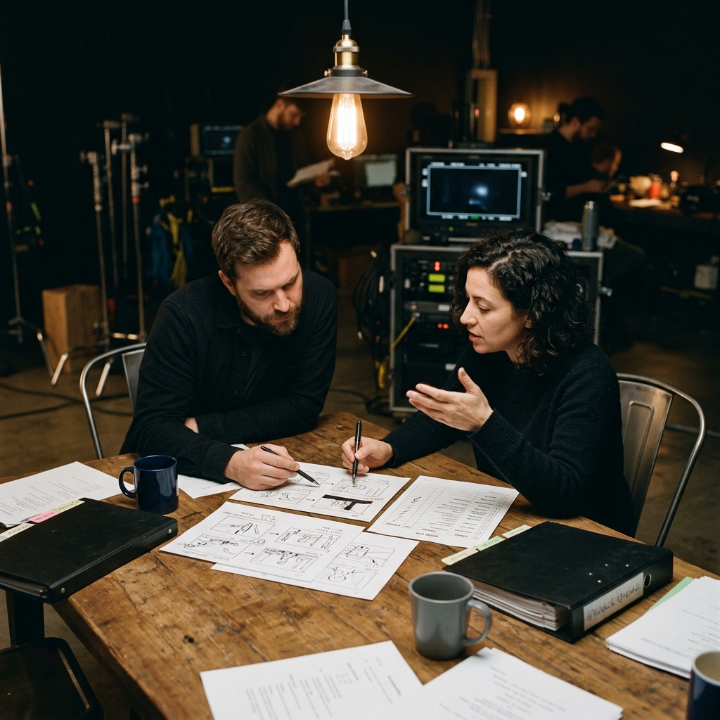Creative team reviewing storyboards during a pre-production planning video session — Pretzel Logic Productions
