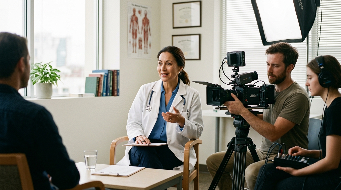 Healthcare physician being interviewed by a medical video production company crew in a sunlit hospital consultation room - Pretzel Logic Productions