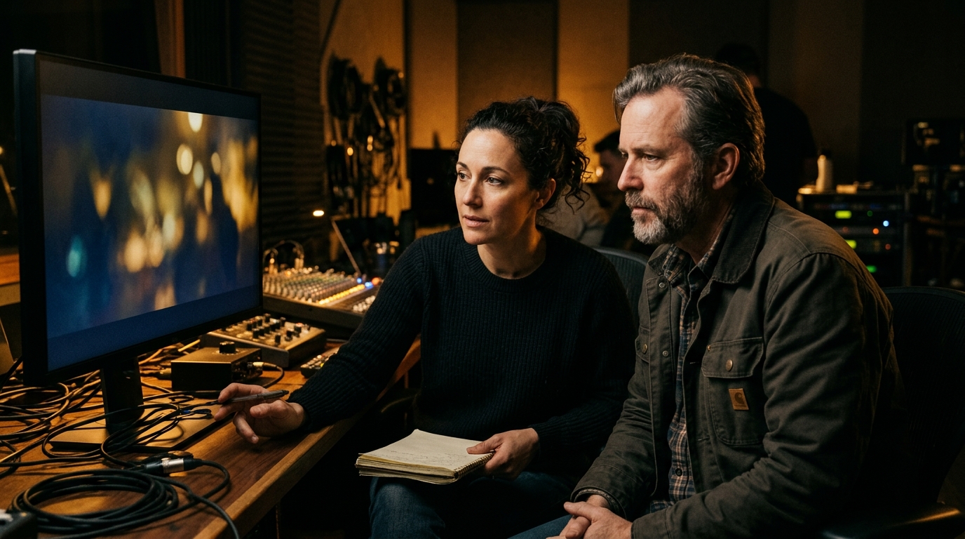 tv commercial production company Pretzel Logic Productions director reviewing footage on production monitor
