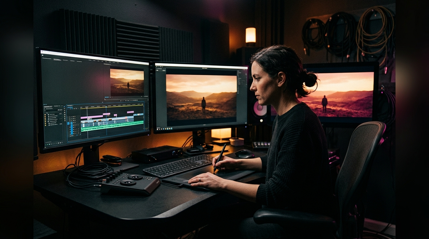 Professional video editor working at timeline in dark editing bay - post production software by Pretzel Logic Productions