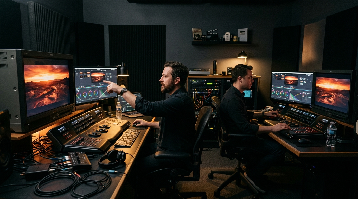 Two colorists collaborating in a professional grading suite - cinematic color grading and correction services by Pretzel Logic Productions