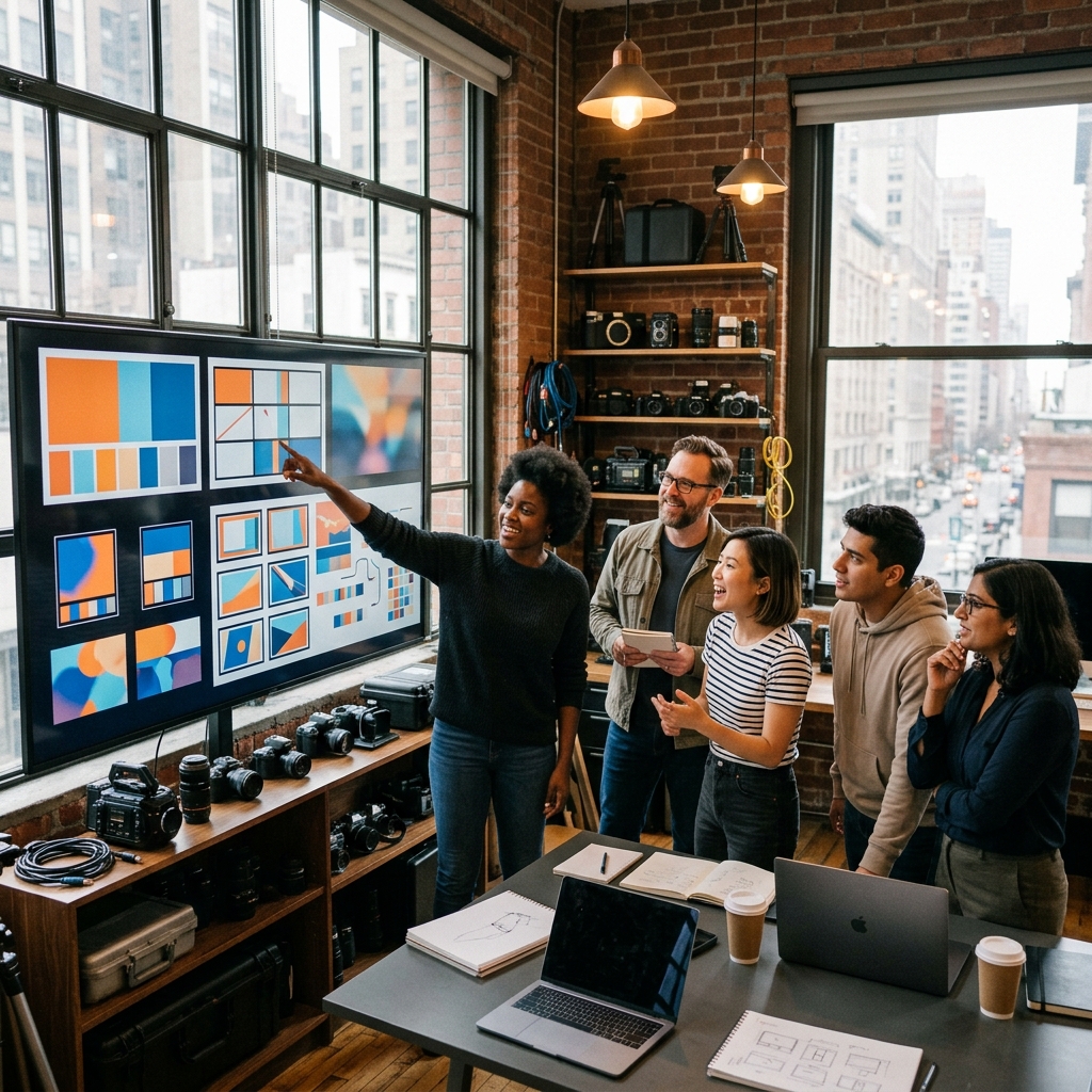 Creative team reviewing storyboards in NYC video production company office Pretzel Logic Productions