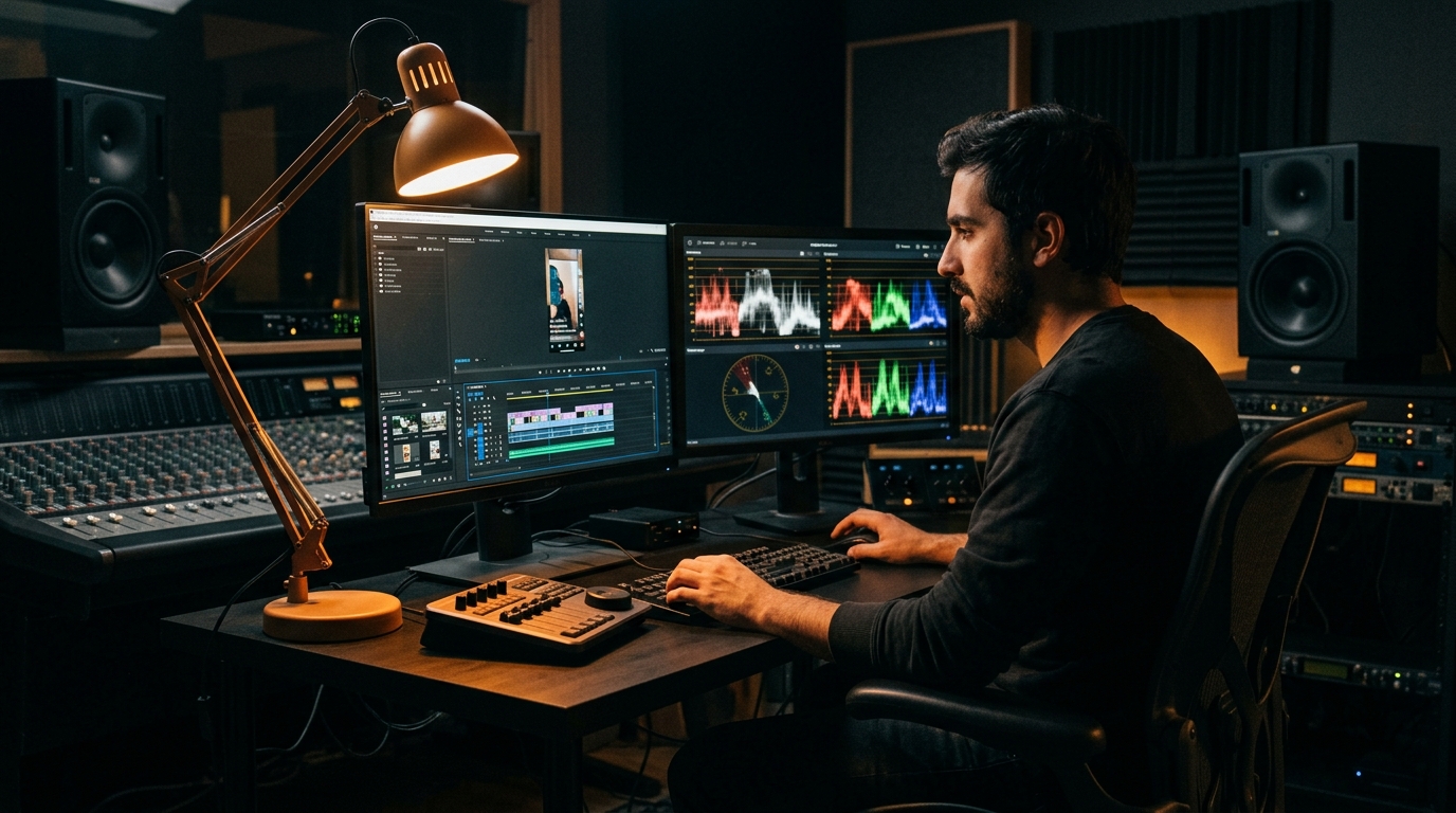 Post-production editor working on social media video production timeline - Pretzel Logic Productions