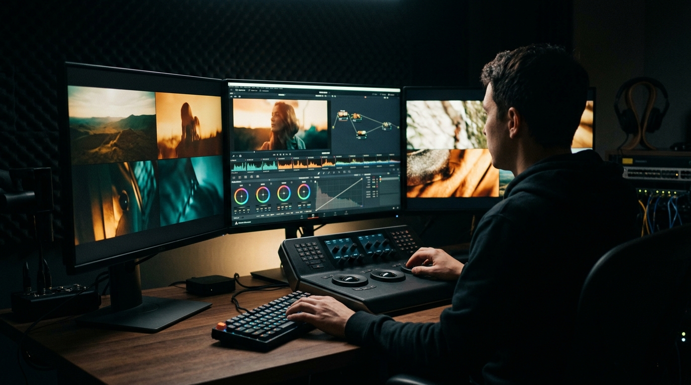 Video editor working on color grading and post-production in dark editing suite — how much does video production cost is shaped significantly by editing, color, and sound work after cameras stop, Pretzel Logic Productions
