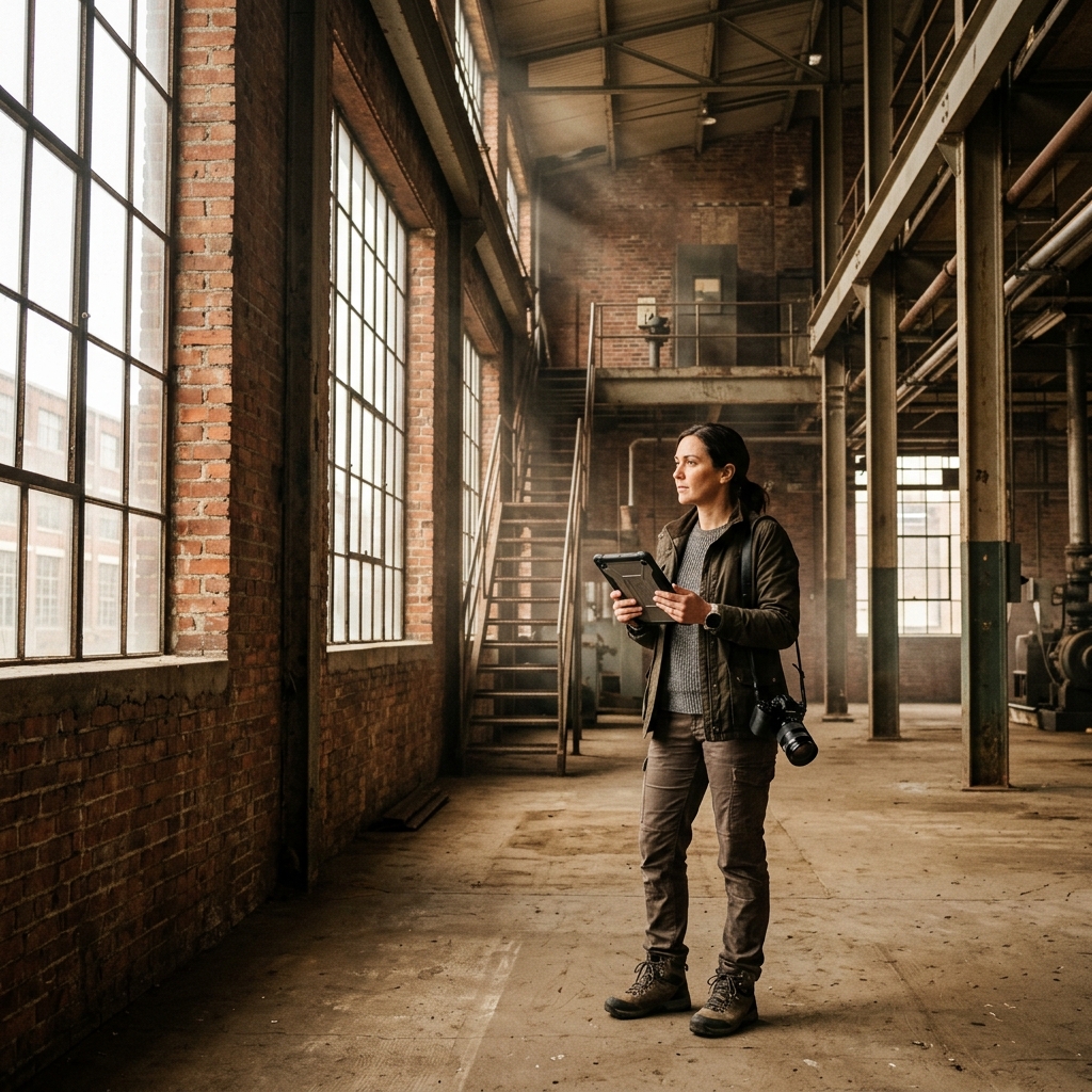 Location scout evaluating an industrial space during pre-production planning video preparation — Pretzel Logic Productions