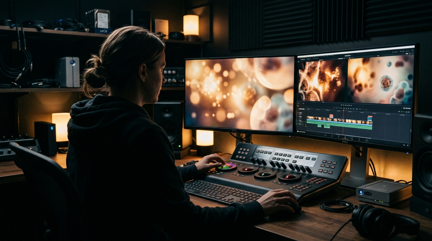 Video editor working in a darkened post-production suite with monitors displaying cinematic color-graded medical footage at a professional medical video production company - Pretzel Logic Productions
