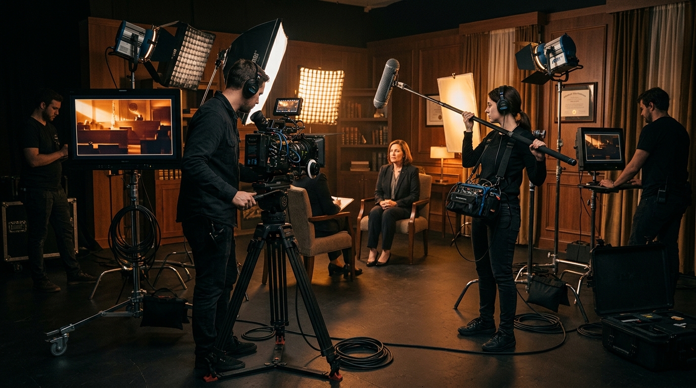 legal video production services behind the scenes professional film lighting setup