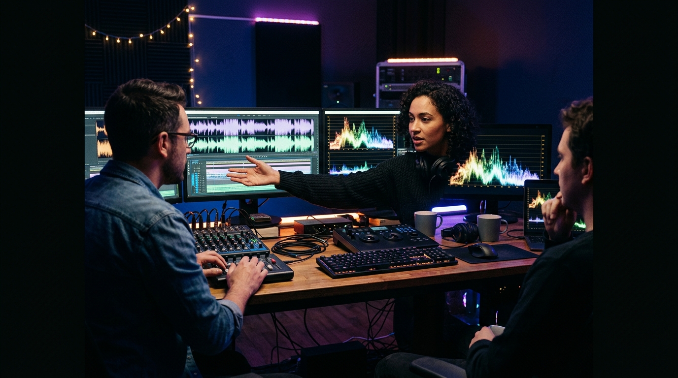 Post production team collaborating on audio and video tracks in edit bay - Pretzel Logic Productions