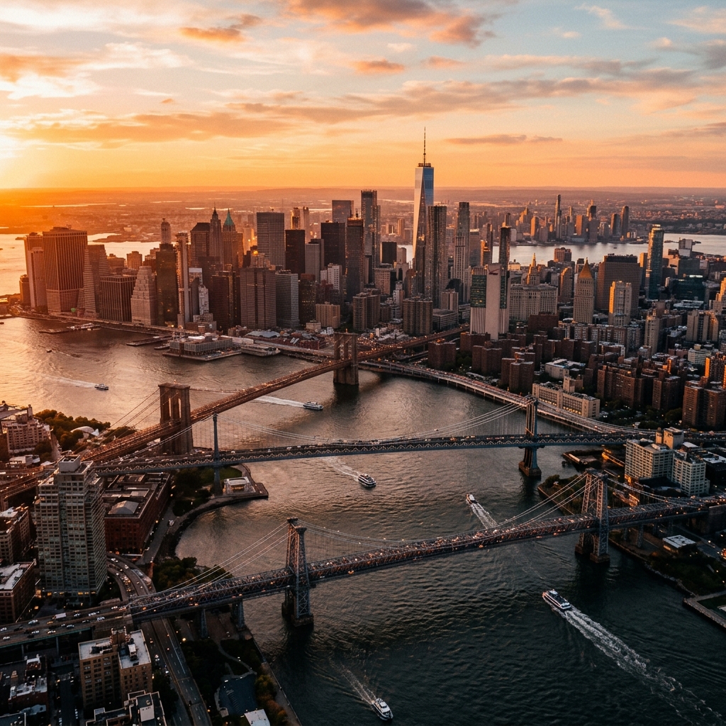 NYC skyline golden hour video production company nyc backdrop Pretzel Logic Productions