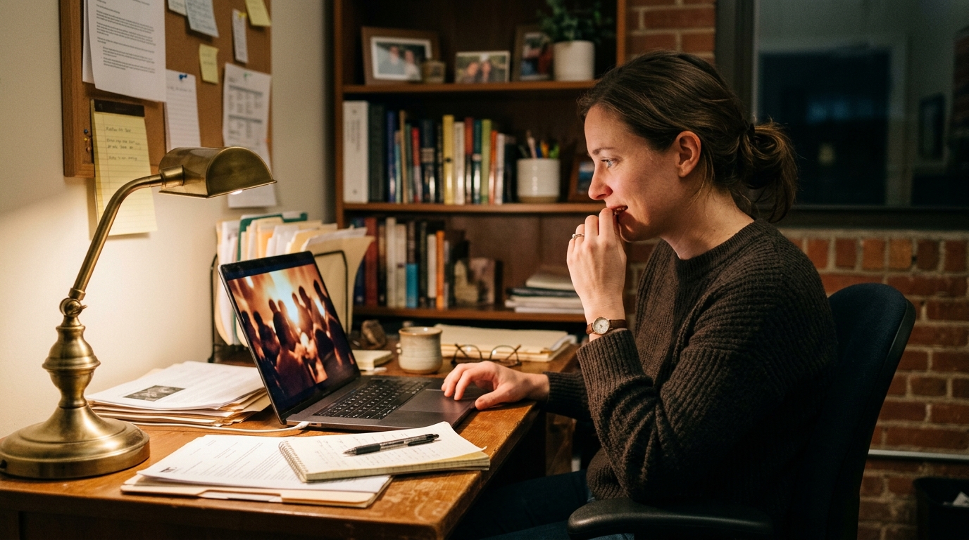 nonprofit communications worker reviewing impactful video footage for donor engagement
