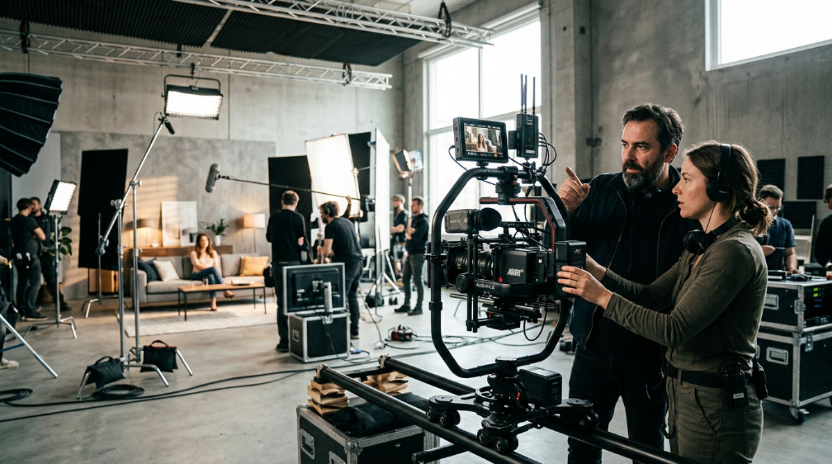 Professional video production agencies collaborating on a cinematic set to create high-impact brand stories.