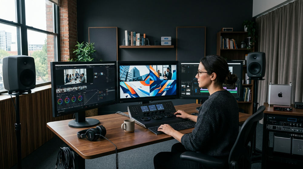 Advanced post-production editing services being performed in a professional studio environment.