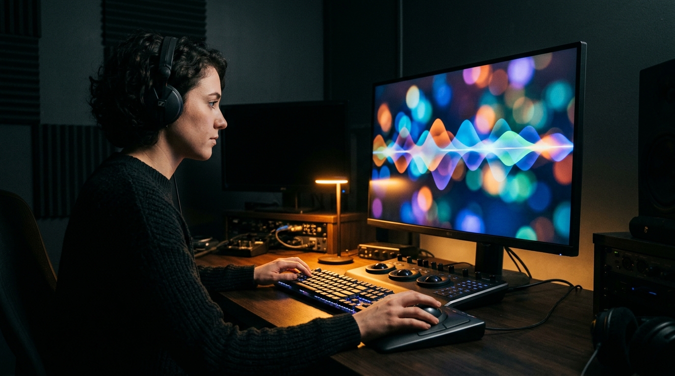 Video editor at an explainer video company workstation with professional color grading tools - Pretzel Logic Productions