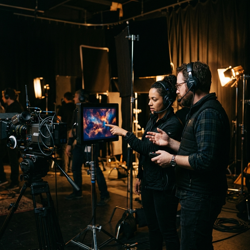 Pretzel Logic Productions director cinematographer reviewing brand video production shot composition