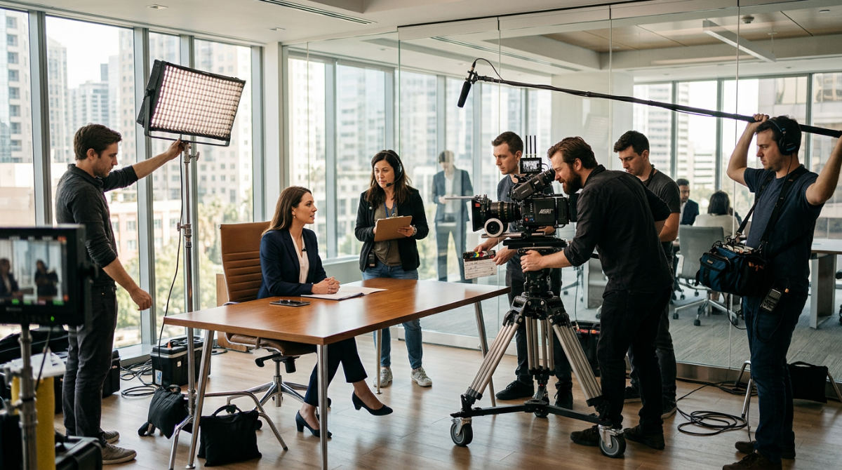 A professional video production crew filming a corporate branding segment in a sunlit modern office space.