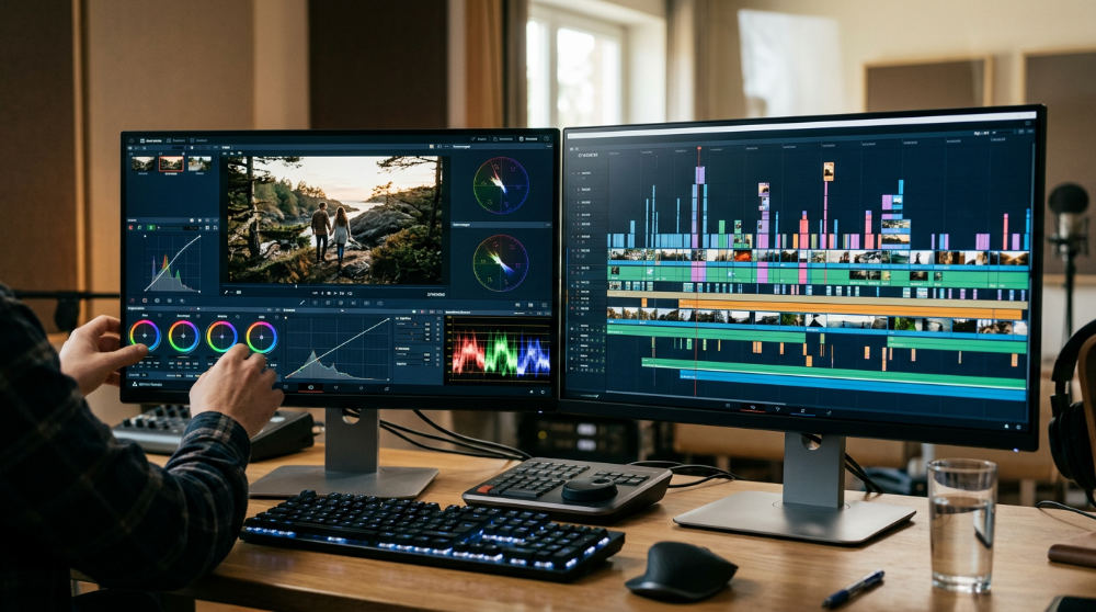 A professional post-production suite showing detailed color grading and video editing for a corporate brand film.