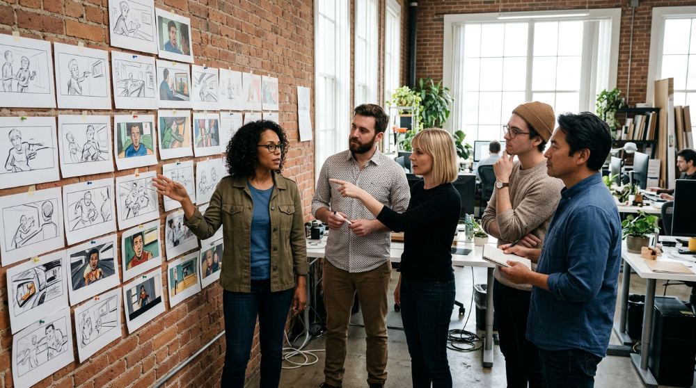 Creative team members collaborating on storyboards and pre-production planning for a high-stakes corporate video project.