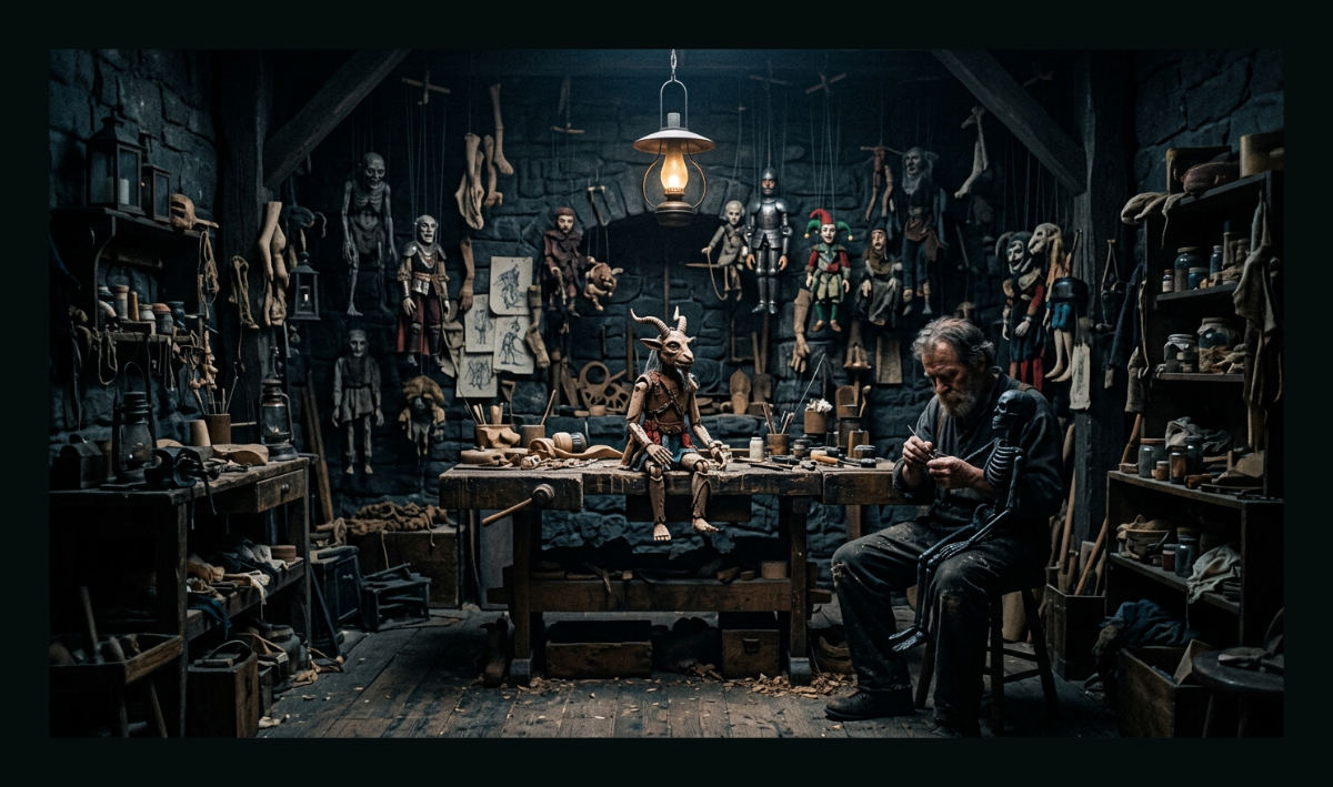 Dark fantasy animation workshop showing detailed puppets and dramatic lighting.