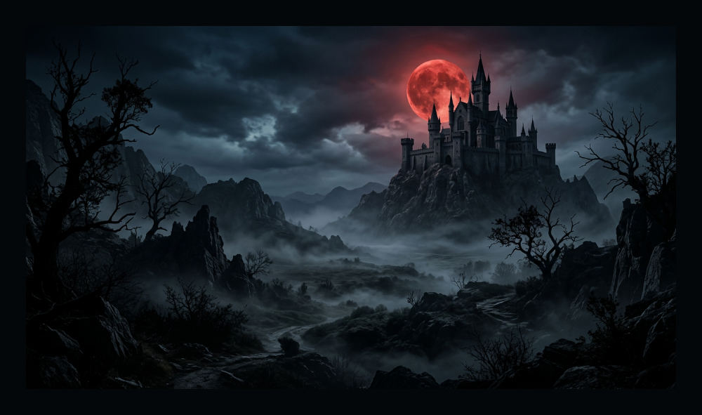 Gothic castle under a red moon illustrating dark fantasy animation themes.