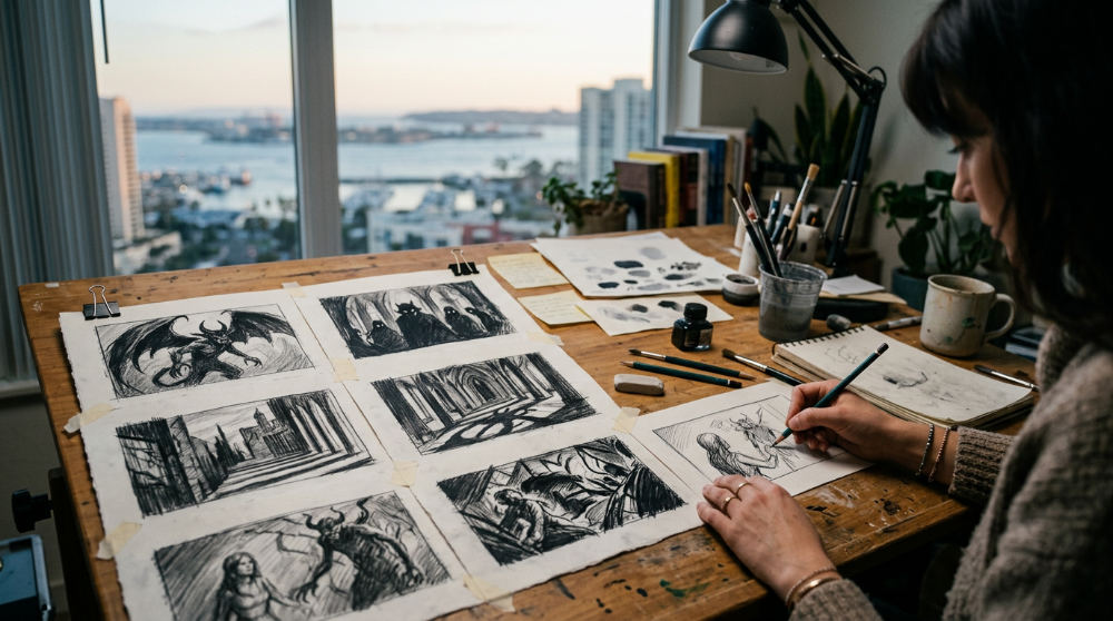 Storyboards for a dark fantasy project at a San Diego production studio.