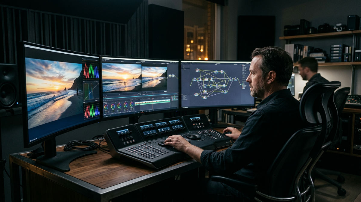 A professional film editor using DaVinci Resolve video editing software in a modern dark-lit studio.