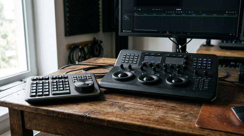 Close-up of professional Blackmagic Design hardware used for DaVinci Resolve video editing.