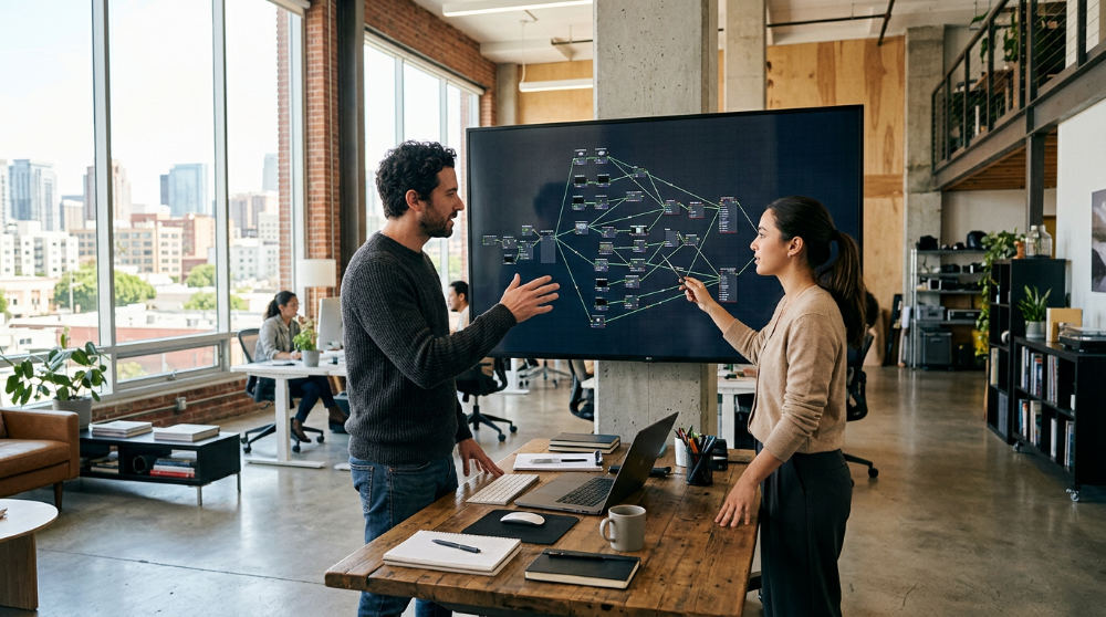 Two editors collaborating on a complex visual effects project using node-based editing software.